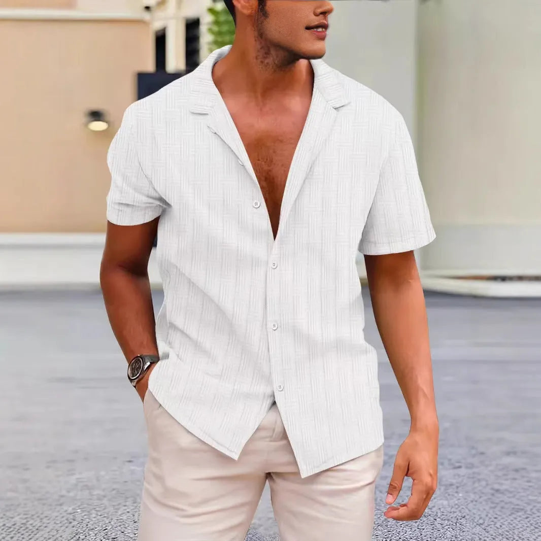 Short sleeve corduroy shirt in apricot colour showing British style casual design.