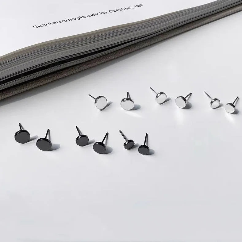 S999 sterling silver round flat bone stud earrings in silver or black, showing size range from 3mm to 8mm.
