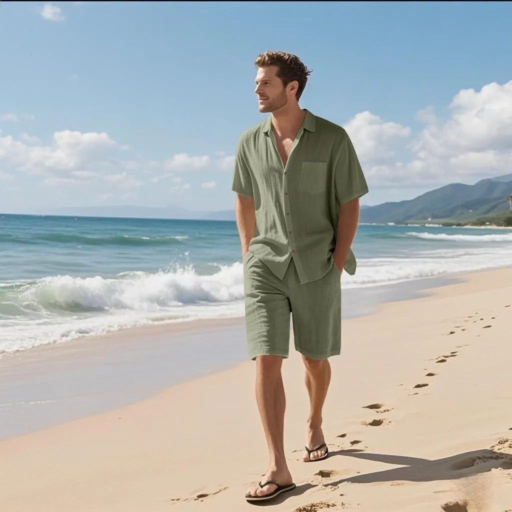 Linen leisure short sleeve shirt and shorts set in hemp blend fabric, available in multiple colours and sizes