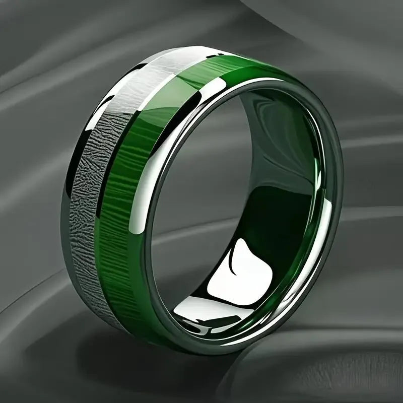 Men's 8mm stainless steel ring with green marble inlay and electroplated rigid colour finish