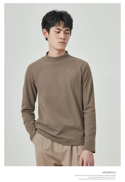 Men's brown half-high collar long sleeve t-shirt in Dralon fabric for autumn winter wear