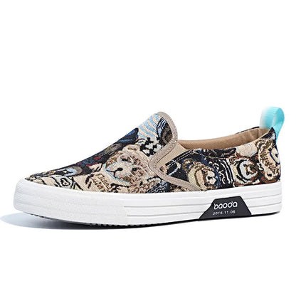Low-top canvas slip-on sneakers with a vulcanised rubber sole in khaki colour on a neutral background.