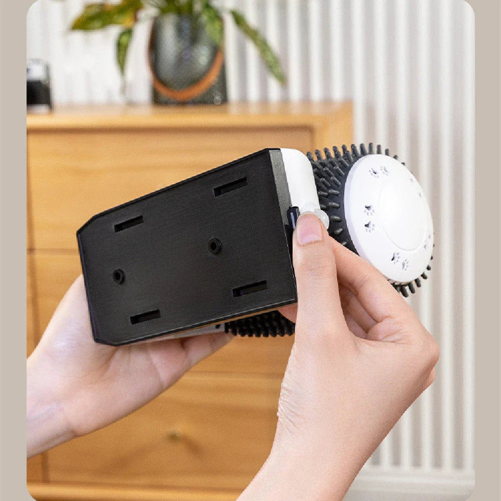 Automatic wall-mounted cat groomer with soft, gentle brushes for hands-free, self-grooming