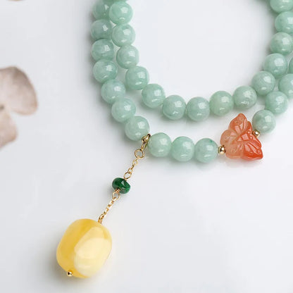 Double-layer retro women's bracelet with jade round beads and beeswax barrel beads in geometric design