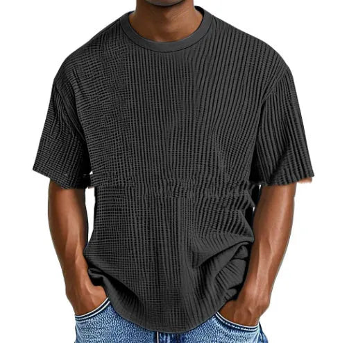 Cotton blend waffle texture short sleeve casual pullover shirt in multiple colour options