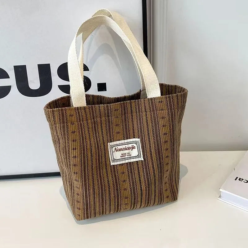 Japanese style corduroy tote handbag in dark brown colour showing large capacity interior