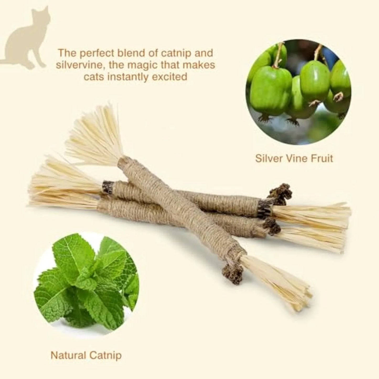 Natural silvervine chew sticks for cats with sisal rope for dental care, showing thick and fine diameter options