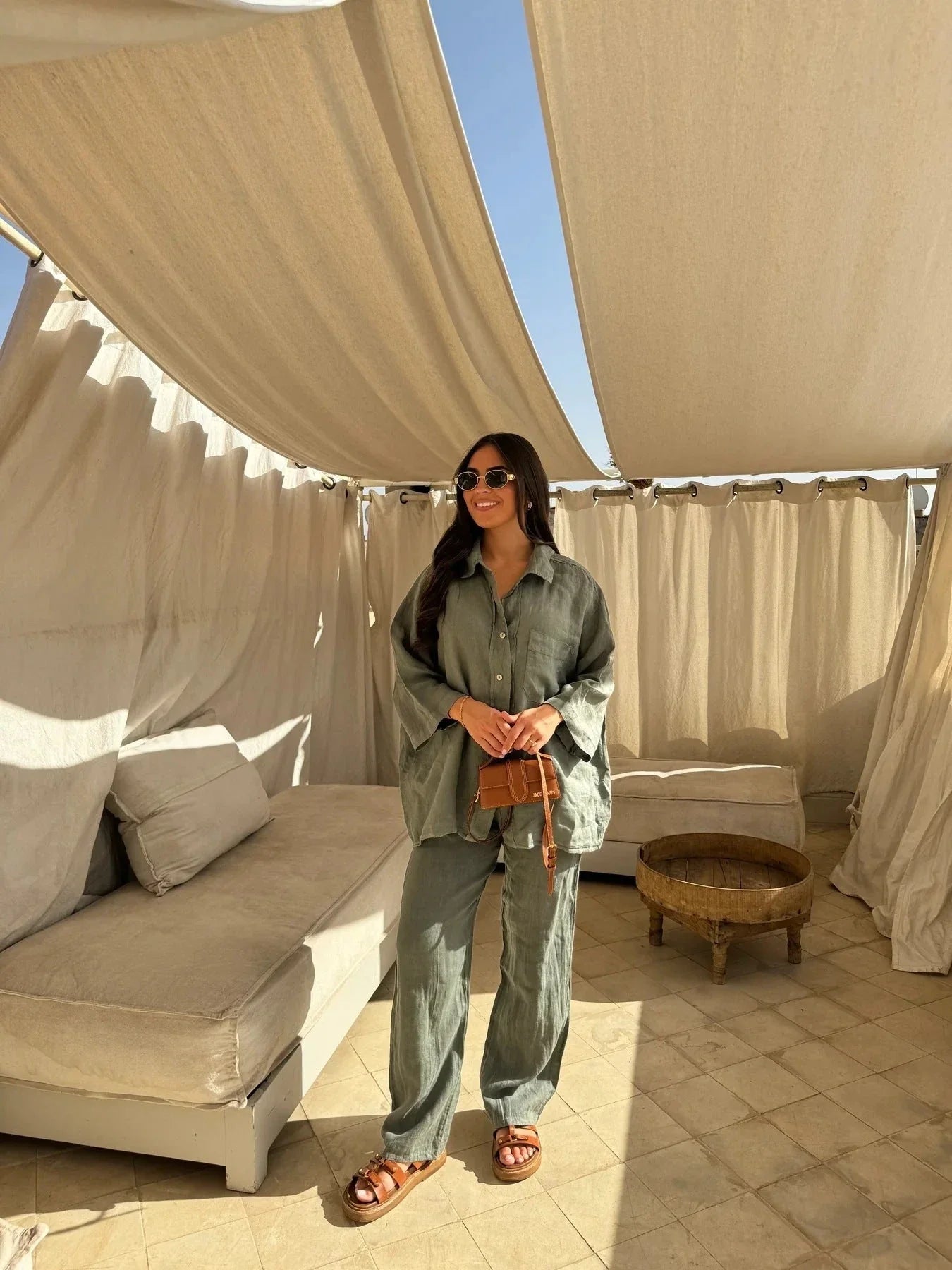 Stylish polyester wide-leg pants and long-sleeve shirt set in a variety of colors including beige, black, orange red, army green, and khaki