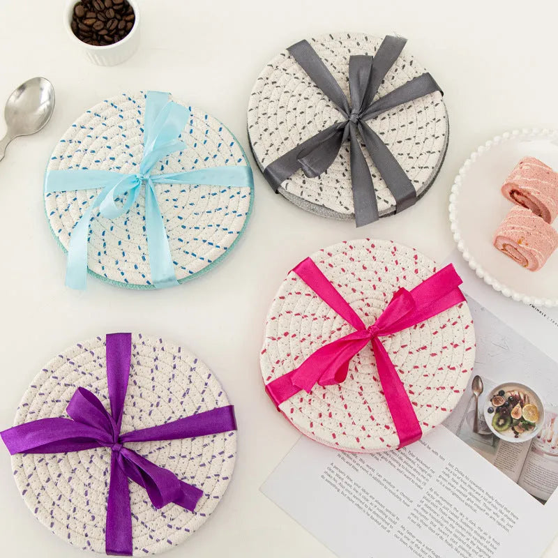 Round cotton cord coaster placemat set of three with modern simple style, available in blue, grey, pink, or purple colour options, each mat measuring 18 cm in diameter for table and home use.