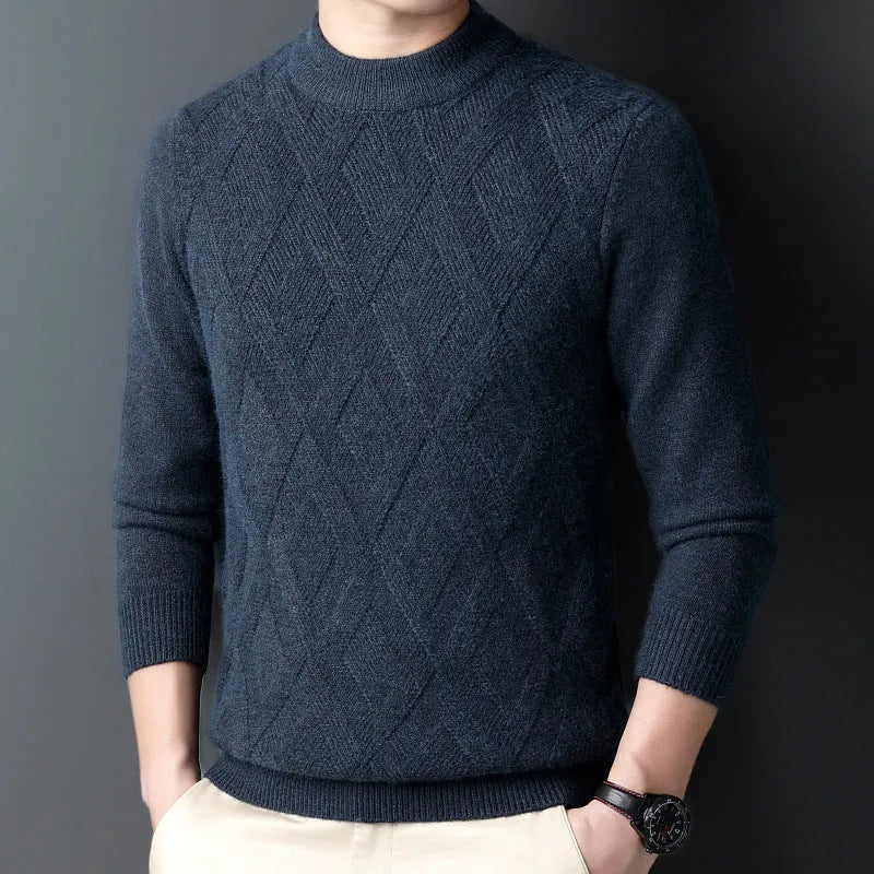 Men's thick winter pullover sweater with diamond jacquard pattern in a light camel colour.