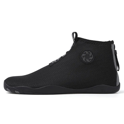 Mid-top outdoor beach shoes in black and fluorescent green with mesh upper and rubber sole.