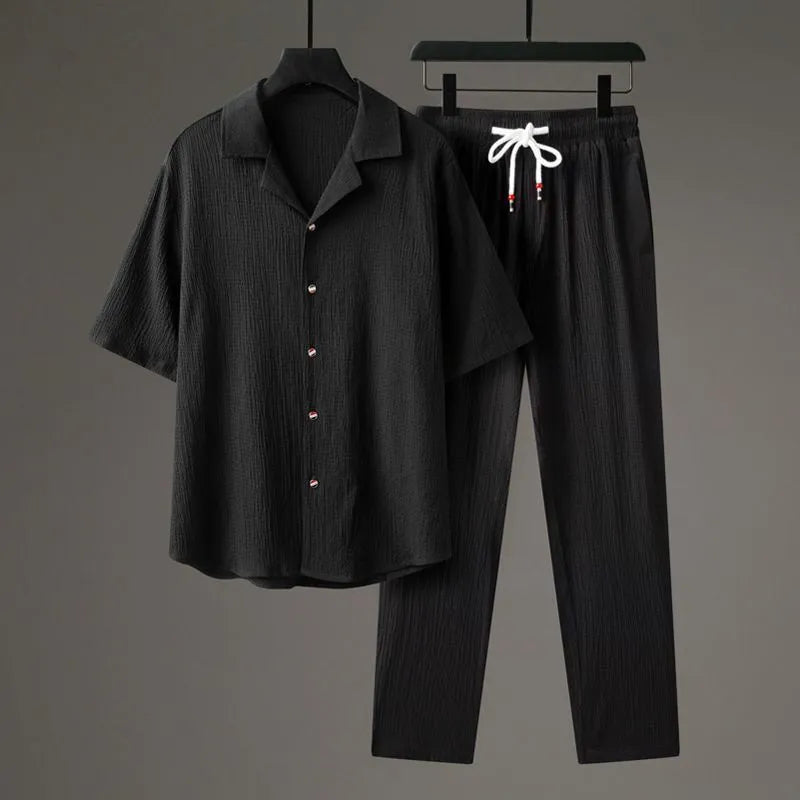 Men's Chinese style casual two-piece sportswear set with short sleeve top and trousers