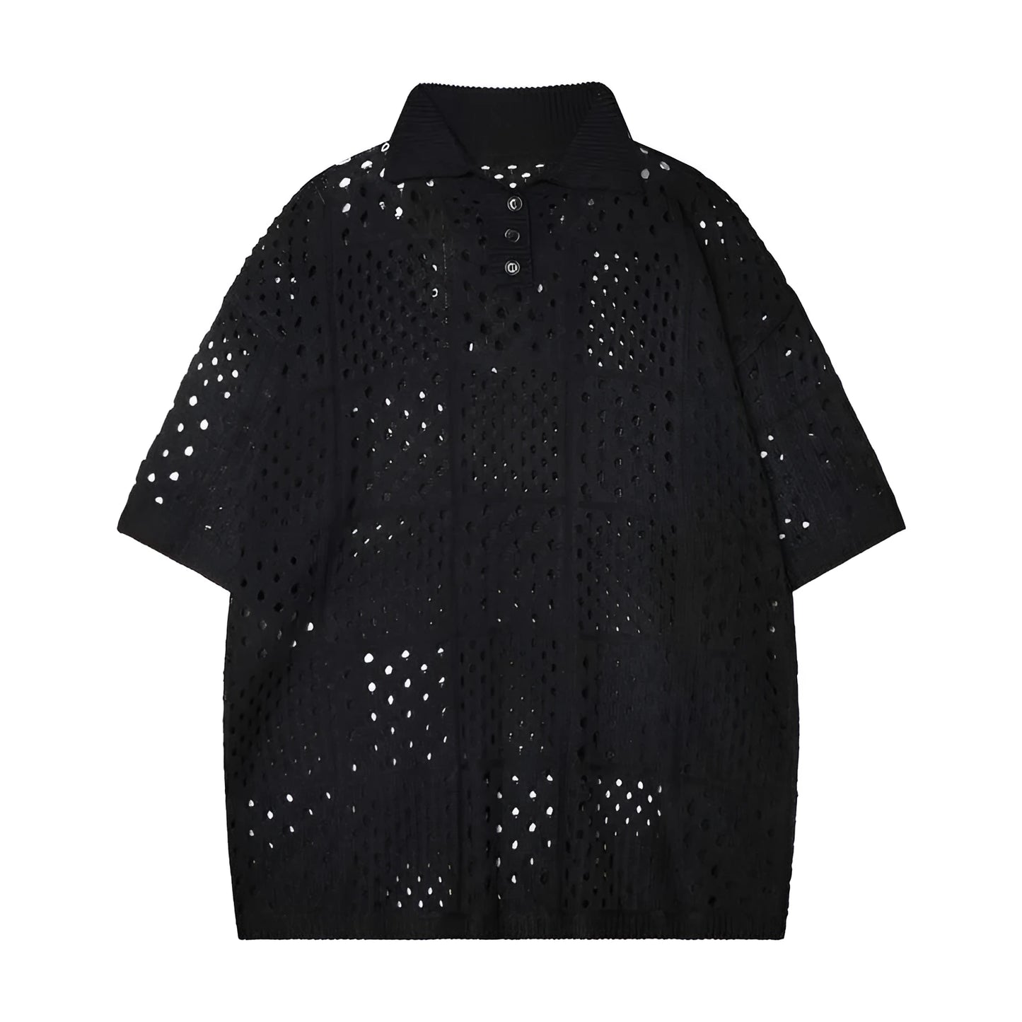 Teenager wearing a solid black loose-fit short-sleeved knit polo shirt.