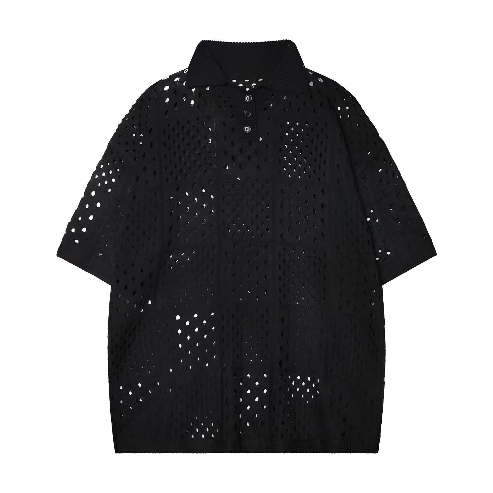 Teenager wearing a solid black loose-fit short-sleeved knit polo shirt.
