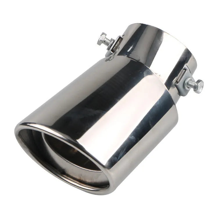 Stainless steel car exhaust tailpipe in baked blue finish, showing straight and curved outlet options.
