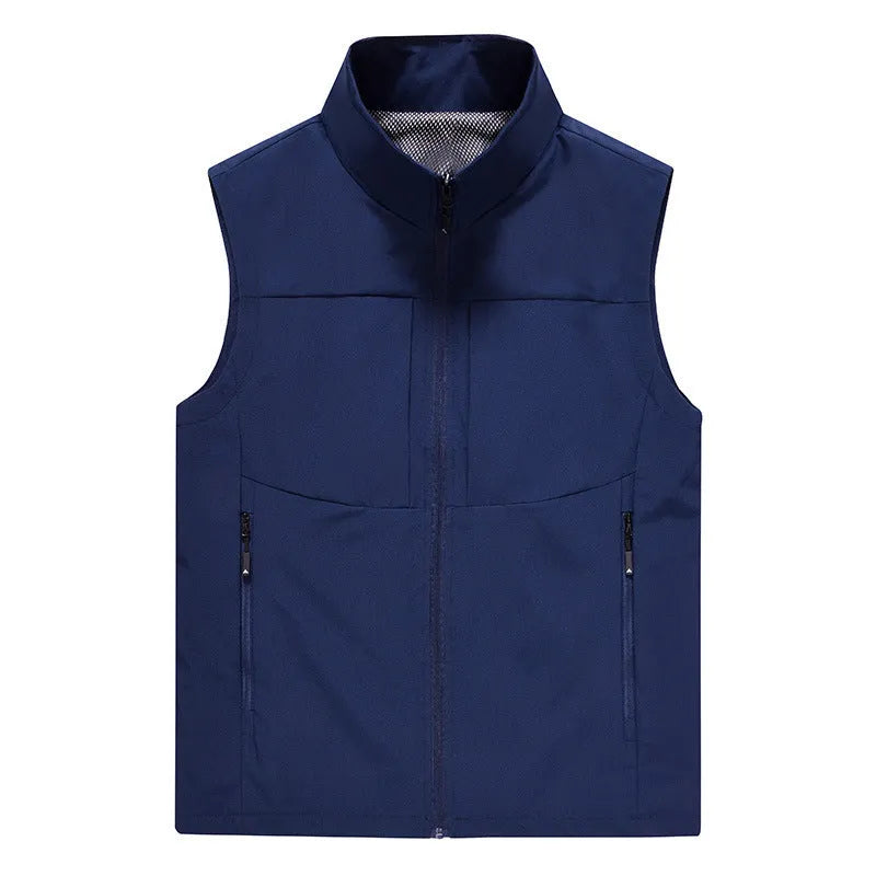 Men's loose fit cardigan vest in khaki with stand collar and zipper pockets