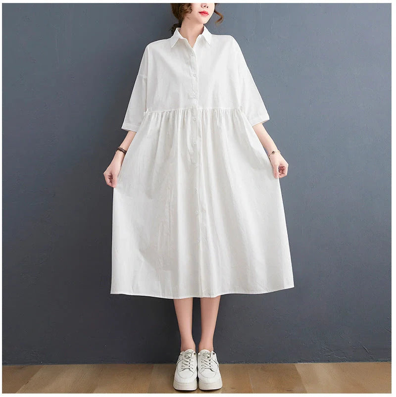 Casual loose fit linen short sleeve dress for women in white and black