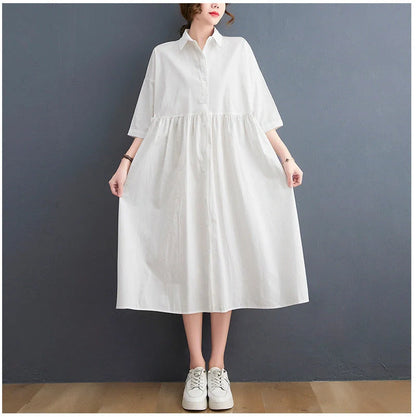 Casual loose fit linen short sleeve dress for women in white and black