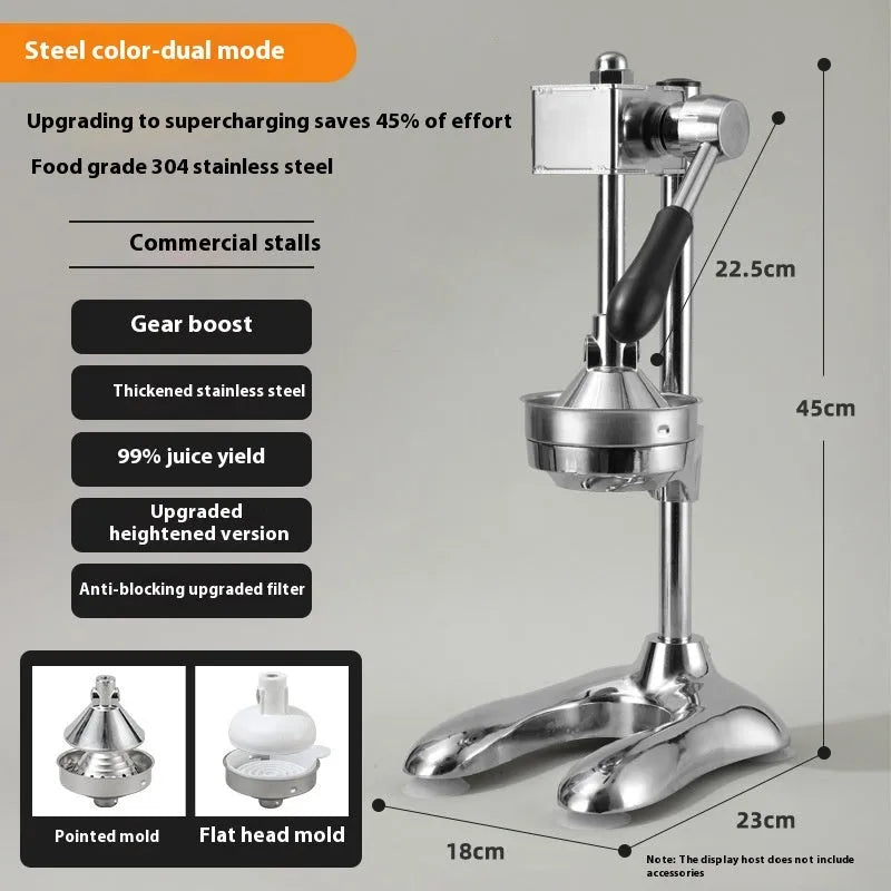 Vertical stainless steel manual juicer with zinc alloy handle in multiple colour and tip style combinations