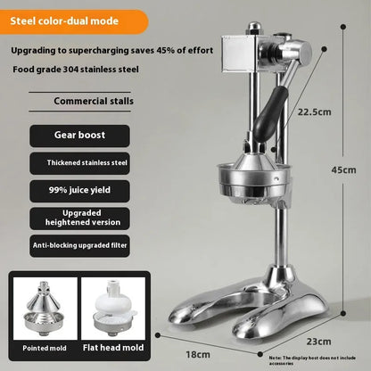 Vertical stainless steel manual juicer with zinc alloy handle in multiple colour and tip style combinations