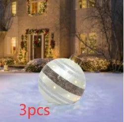 Large 60cm inflatable PVC Christmas decoration ball in bright colours for outdoor garden or tree display.