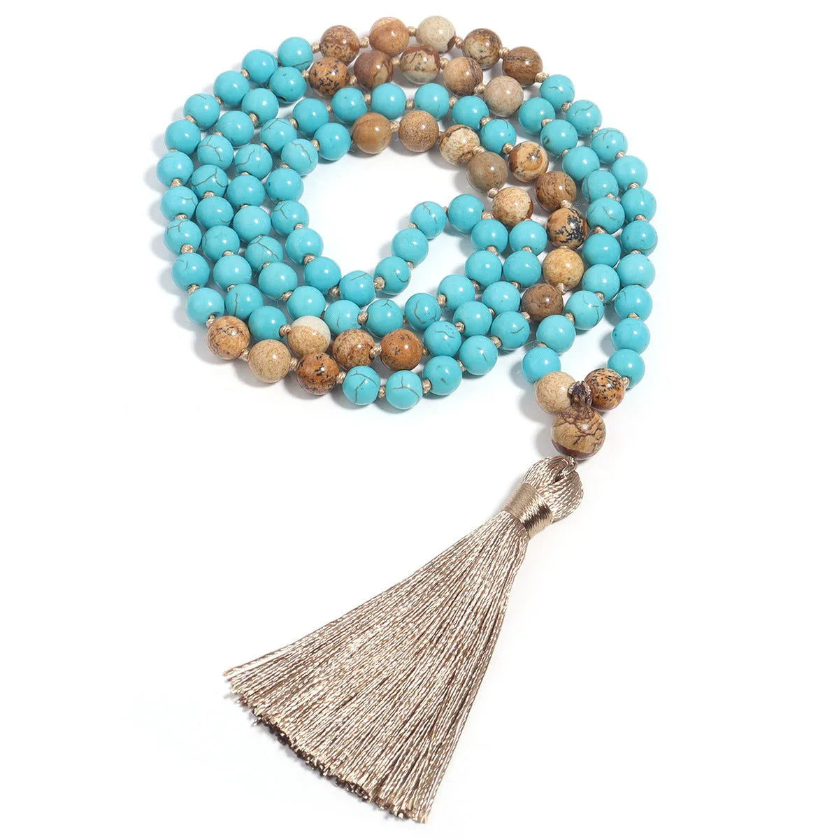 108-bead turquoise mala necklace with geometric ball bead chain showing blue pine stone colour