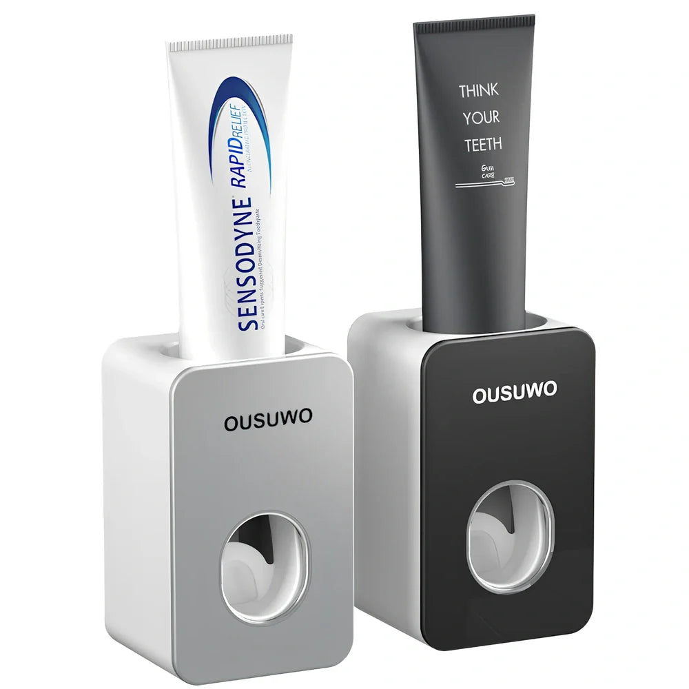 Black wall-mounted automatic toothpaste dispenser with 1 ml pump, punch-free adhesive, 18 cm height for bathroom use