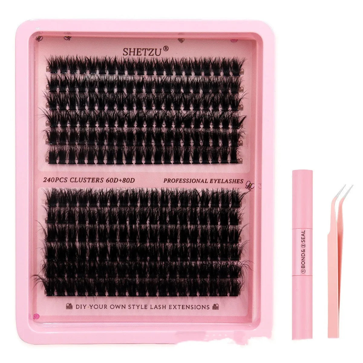 Set of thick, segmented false eyelashes in feather style showing 60D and 80D density options.