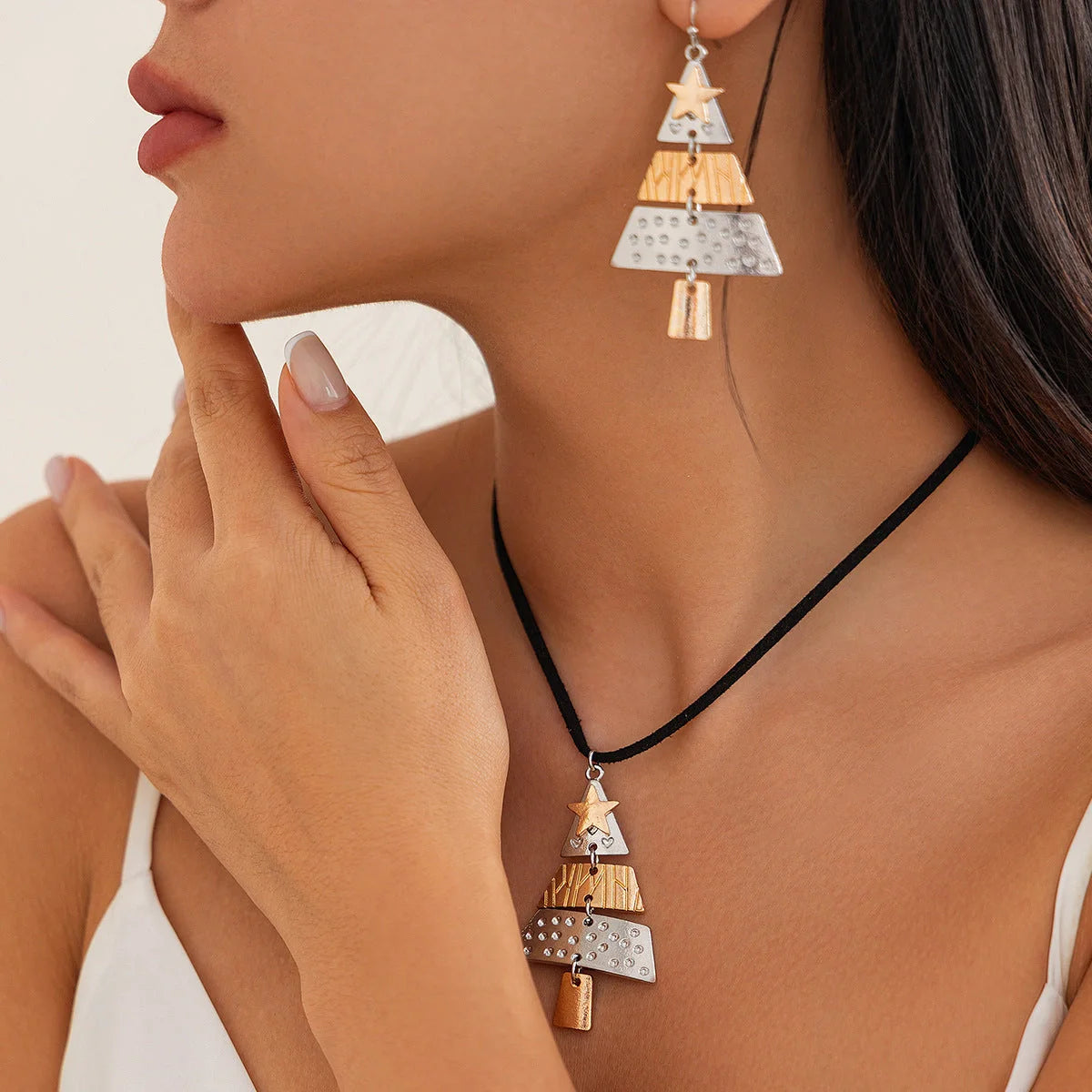 Christmas Tree Necklace and Earrings Set with five-pointed star design in mixed colours