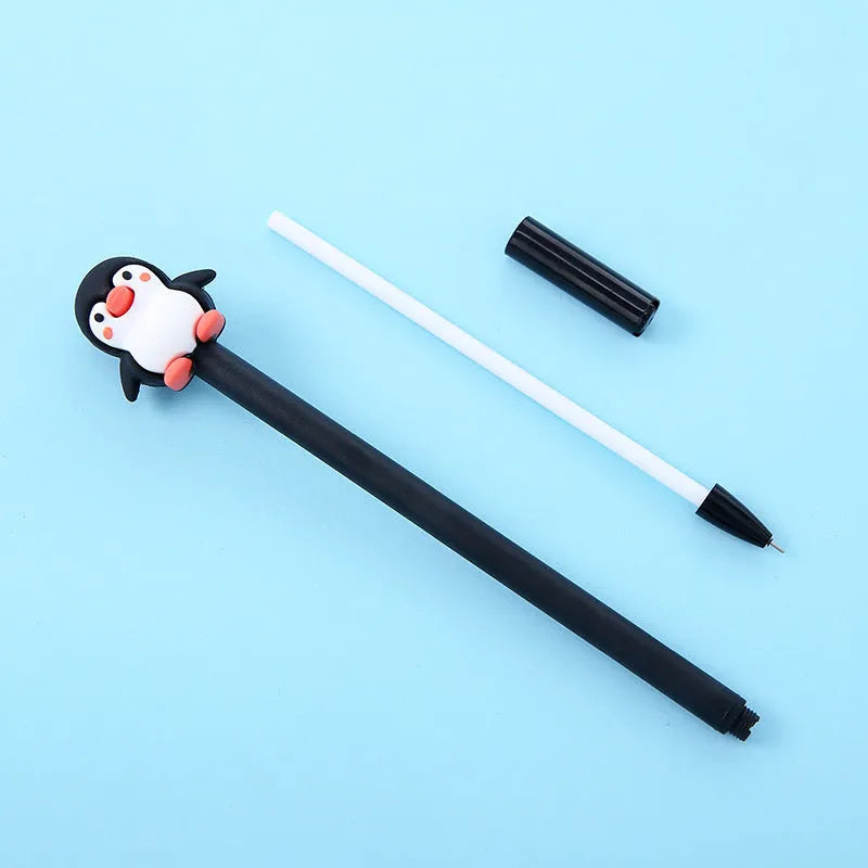 Korean cartoon penguin design silicone gel pen with 0.5mm black ink, in peacock blue and black colour options.