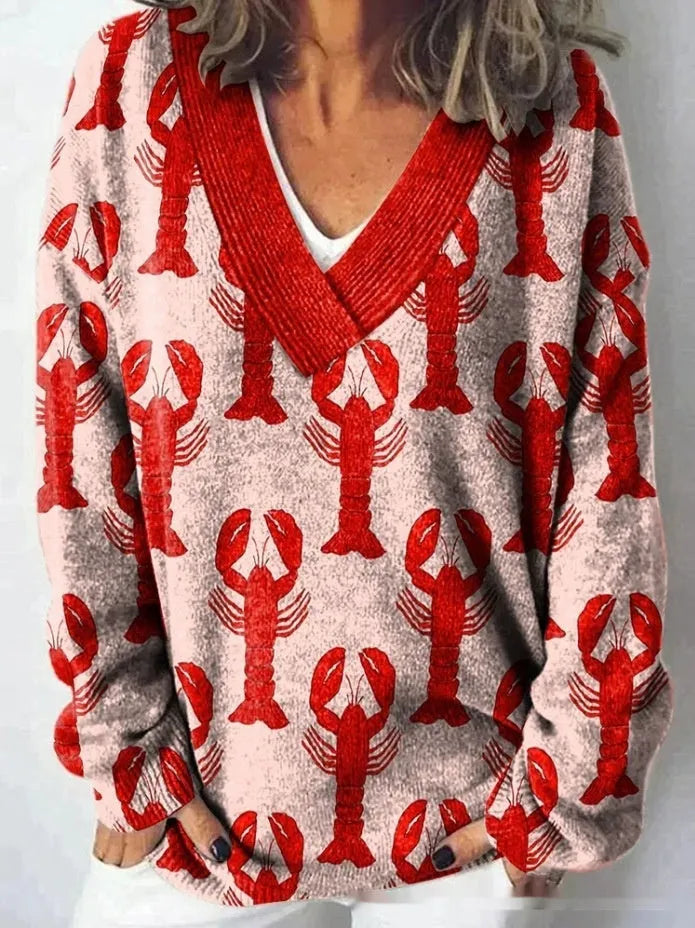 Women's V-neck sweatshirt with a detailed 3D floral pattern print in art retro style.