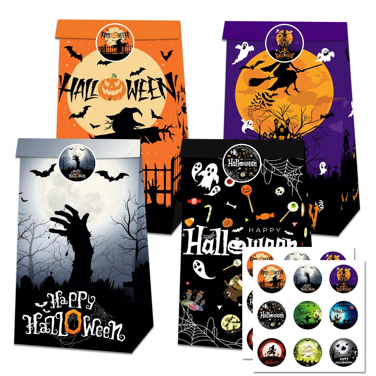 Set of 12 Halloween-themed paper bags and 18 decorative paper sealing stickers for party treats.