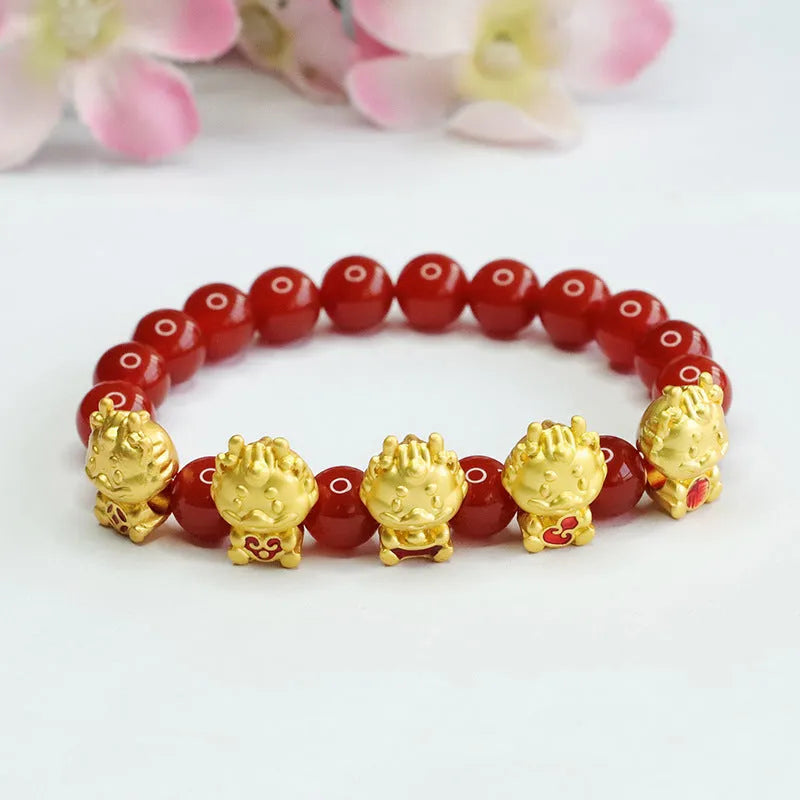 Natural red agate bracelet, Chinese style five blessing dragon bracelet with 8mm beads, featuring carved Wufu dragon motifs, traditional symbolic design, natural stone jewellery for cultural occasions, ceremonial wear, and meaningful accessory gifts.