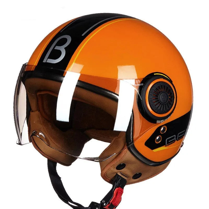 Retro style battery car half helmet in bright two-tone colours with ABS shell