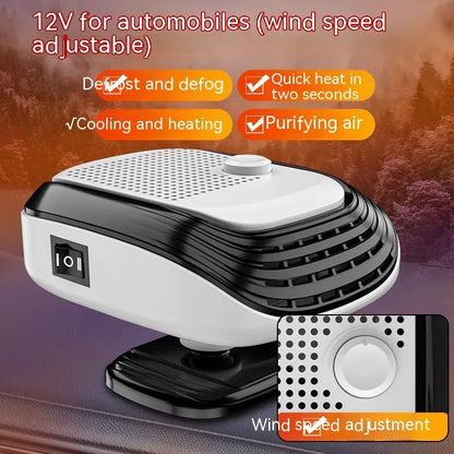 Compact white car heater with ventilation grilles measuring 5x11x13cm for 12V and 24V vehicle installation