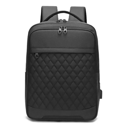 Men's Oxford cloth travel backpack with curved shoulder straps and diamond mesh panels in black colour