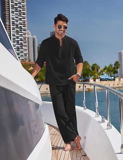 Men's casual cotton suit in a solid colour, featuring a long sleeve top and full-length trousers.