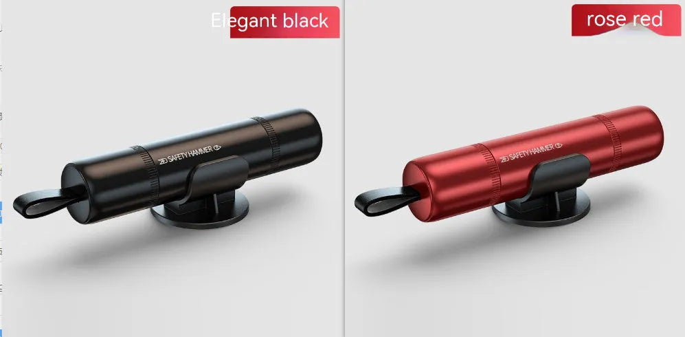 Aluminium alloy car safety hammer with a hardened steel tip for breaking windows and cutting seatbelts.