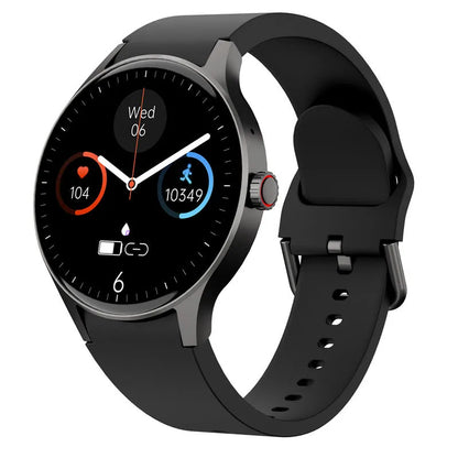 46mm smart Bluetooth sport watch with round colour touchscreen on wrist, shown in black, blue, pink, or red.