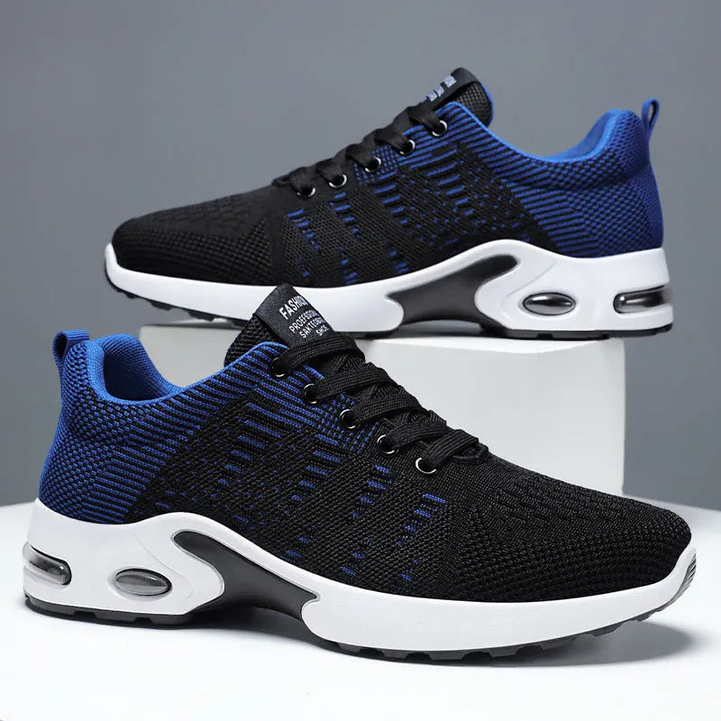 Men's black Flyknit mesh sneakers with round toe and lace-up front in casual low-top design