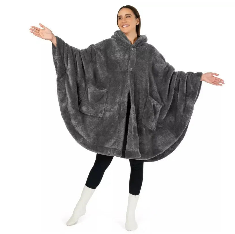 Thickened hooded cloak bathrobe in polyester, shown in black, dark grey, and pink colour options.