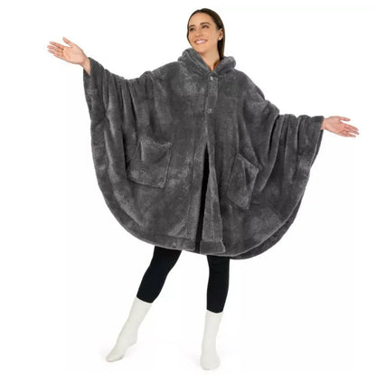 Thickened hooded cloak bathrobe in polyester, shown in black, dark grey, and pink colour options.