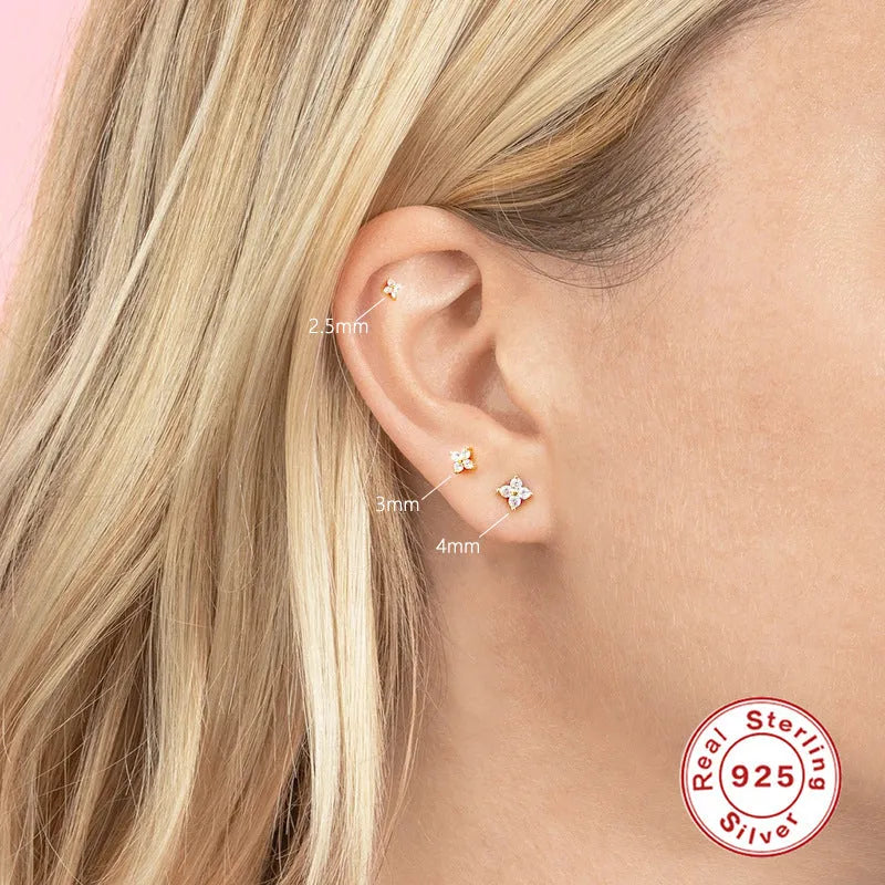 S925 Sterling Silver Petal Crystal Flowers Stud Earrings in Gold or Platinum Finish - 2.5mm, 3mm or 4mm Geometric Floral Earrings for Women, Fresh Style with Environmentally Friendly Electroplating