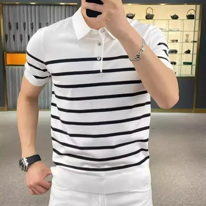 Men's black and white striped pullover T-shirt with a lapel collar detail on a crew neck.