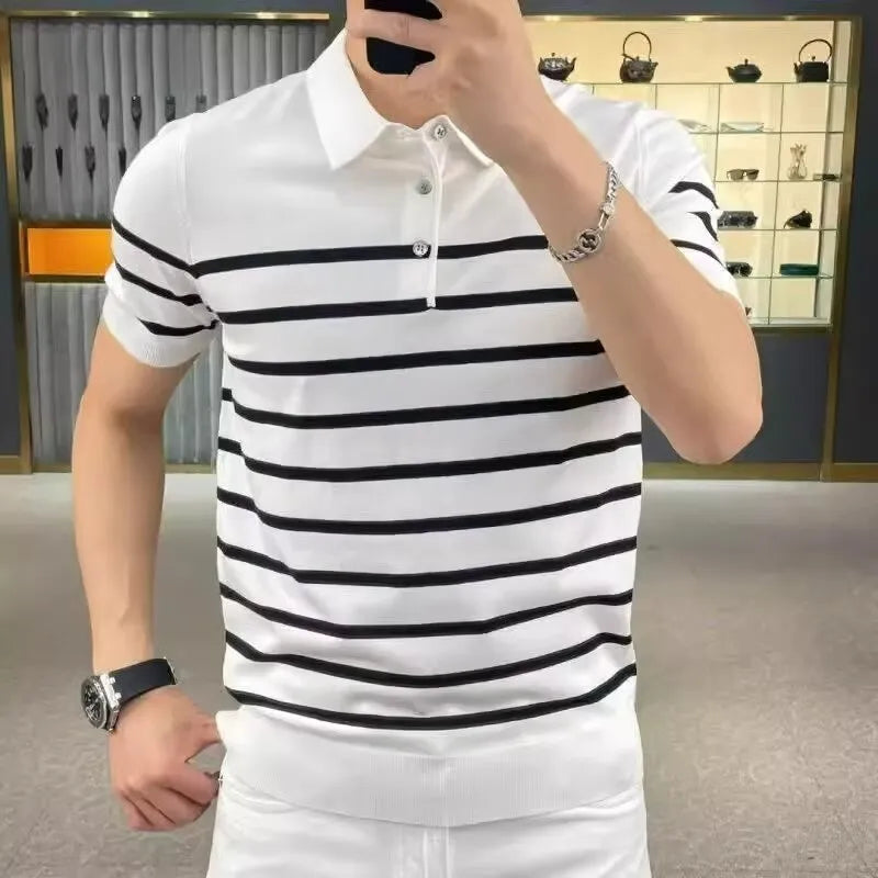 Chemical Fibre Blend Striped Lapel Pullover T-Shirt for Men in M L XL 2XL 3XL Asian Sizes, Lightly Mature Youth Popular Style with Non-Ironing Process in Black or White