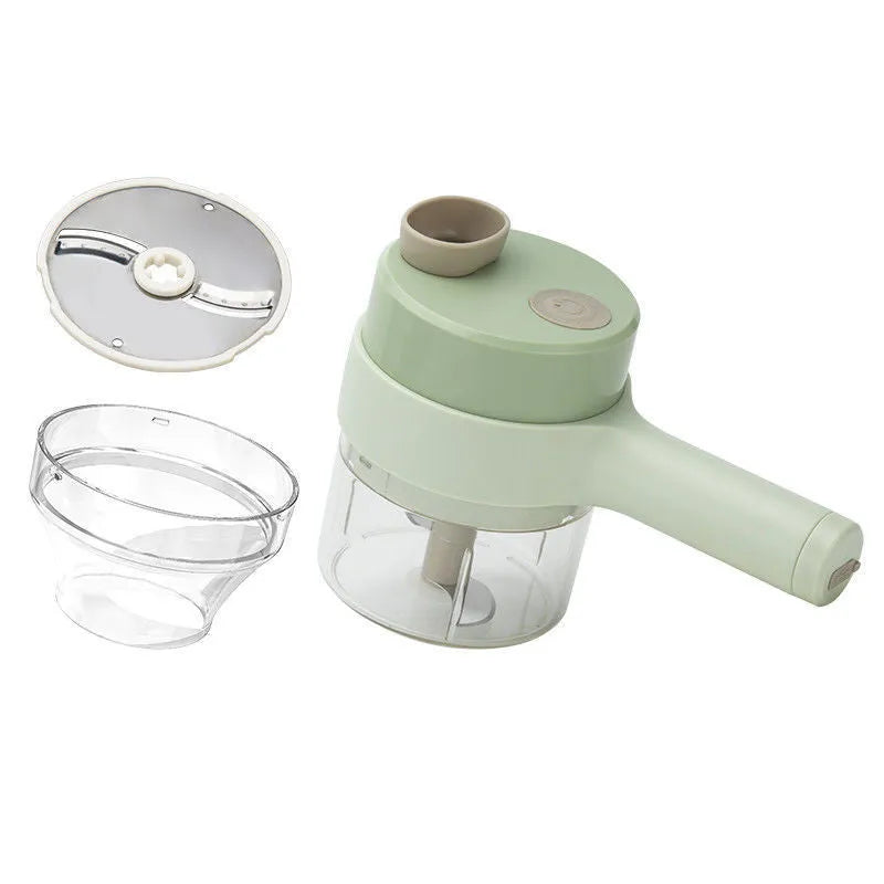 Wireless electric garlic masher and slicer combo, plastic body, 18.5cm x 13.1cm x 9.38cm, with Type-C cable and manual.