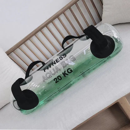 Transparent PVC inflatable water weight bag for adjustable strength training from 5kg to 35kg.