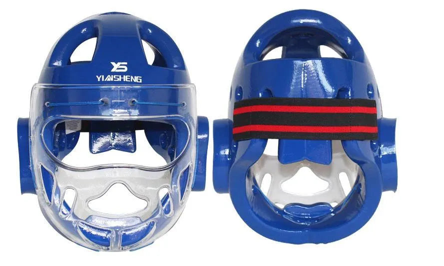 Karate helmet protective headgear in red, white or blue colours available in S, M, L, XL sizes for martial arts training.
