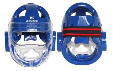 Karate helmet protective headgear in red, white or blue colours available in S, M, L, XL sizes for martial arts training.
