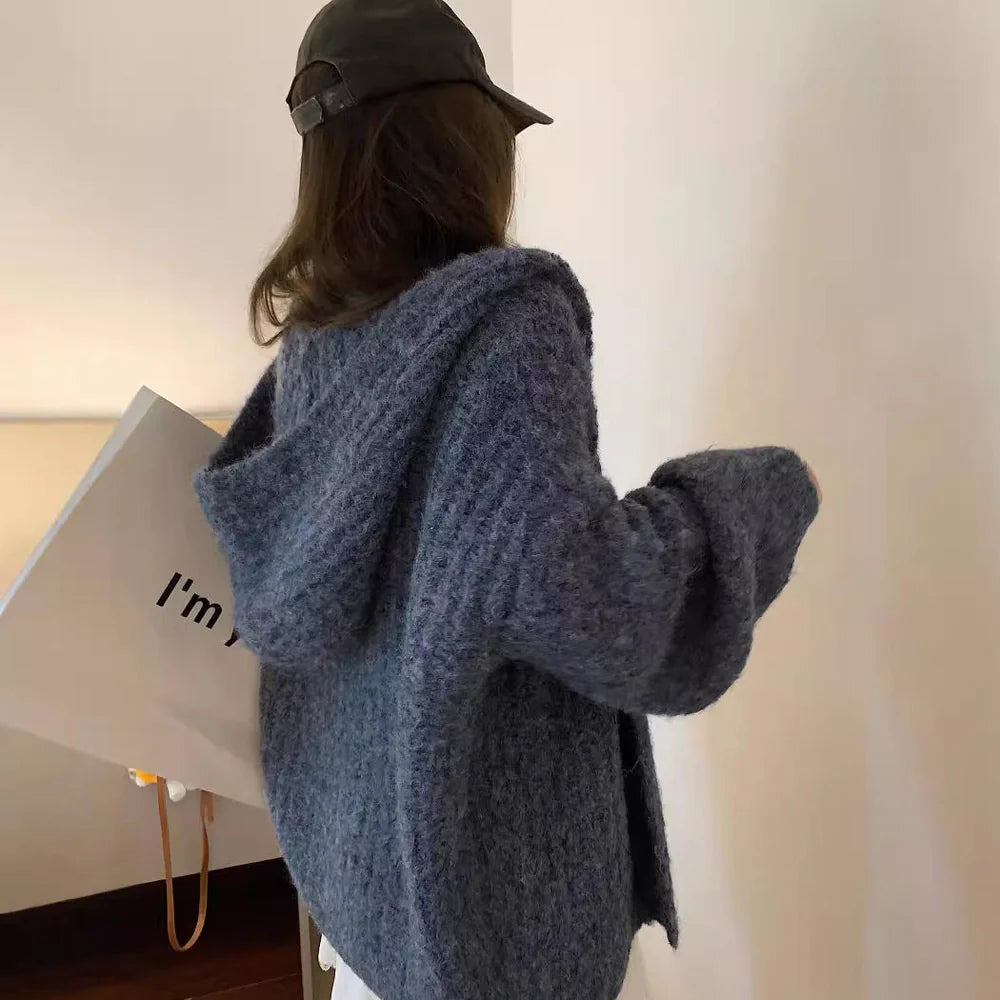 Women's grey hooded cardigan with thick acrylic fabric and regular sleeves